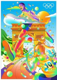 Colorful digital illustration by Scott Balmer of two athletes running past a triumphal arch under Olympic rings
