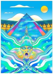 Colorful vector illustration of a swimmer emerging from turquoise water in front of a glass pyramid and golden sun