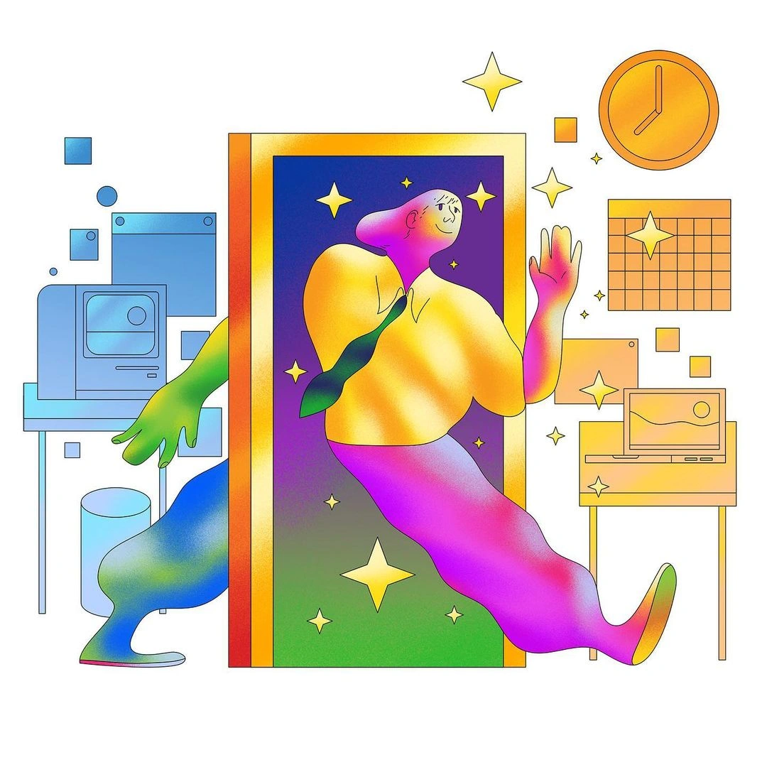 Colorful digital illustration of a stylized figure walking through a glowing doorway surrounded by office icons.