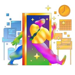 Colorful digital illustration of a stylized figure walking through a glowing doorway surrounded by office icons.
