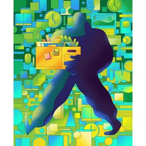 Digital illustration by Scott Balmer of a dark silhouette figure carrying a yellow box against a green geometric patterned background