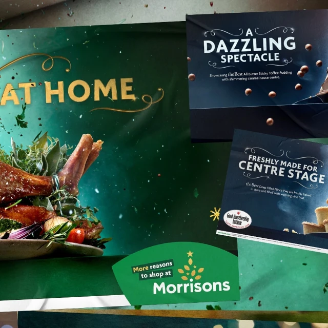 Morrisons supermarket ad featuring food platter, pudding, and mince pies.  Promotional materials are displayed on a dark green background.