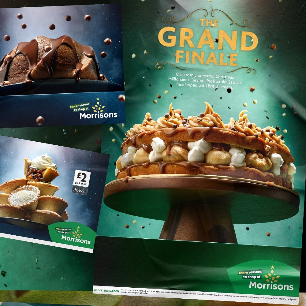 A caramel profiterole gateau and other cakes on a green background with the text "The Grand Finale," with a Morrisons logo.