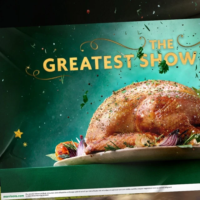 Roasted turkey with vegetables on a platter against a green background with gold lettering, food photography, and holiday theme.