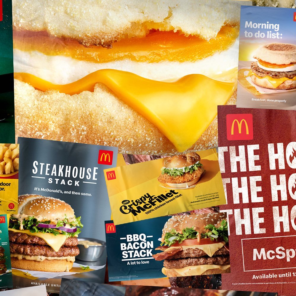 Collage of McDonald's food advertisements: breakfast sandwich, burger stacks, and crispy chicken sandwich, showcasing fast food cuisine.