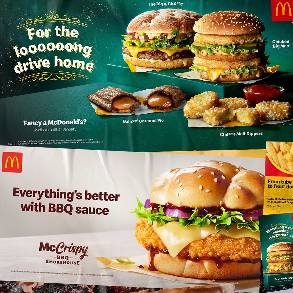 McDonald's food items and advertising posters are visible: burgers, cheese melt dippers, and caramel pies, and text overlays.