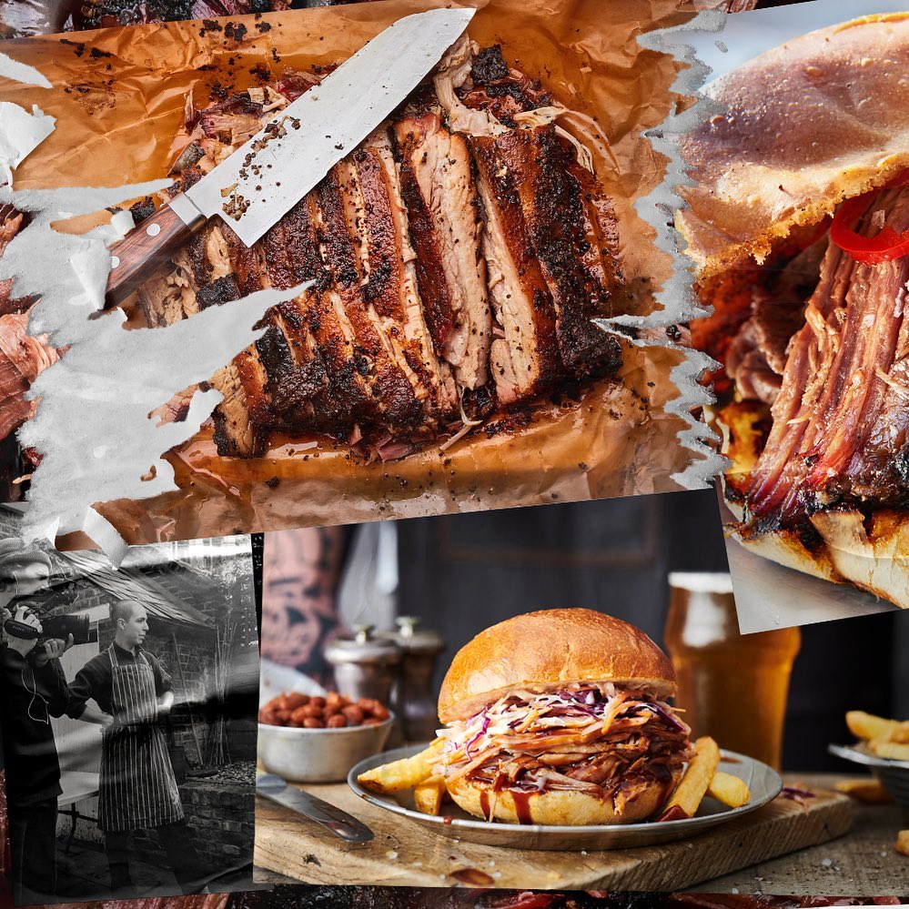 Collage of BBQ featuring sliced meat, a pulled pork sandwich, fries, and cooks in the background showcasing culinary artistry.