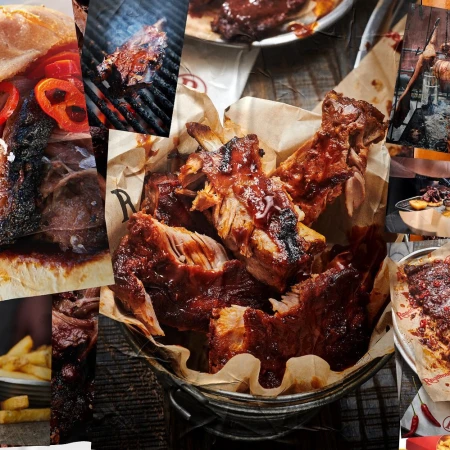 Barbecue ribs and a pulled pork sandwich on a wooden table, creating an appetizing and rustic food spread. BBQ style, dark food photography.