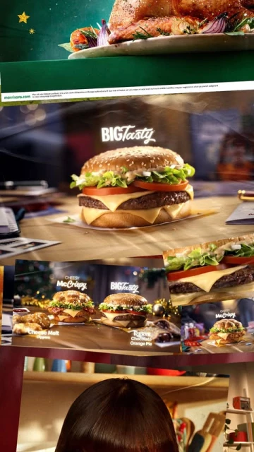 Close-up of a Big Tasty burger with a sesame seed bun, cheese, lettuce, and tomato, with a variety of food ads and hair visible.