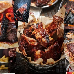 Collage of barbecue food photography featuring glazed ribs, pulled pork burgers, and grilling meat by Scott Grummett