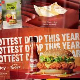 Commercial food photography featuring a crispy chicken burger and hot sauce bottle by Scott Grummett