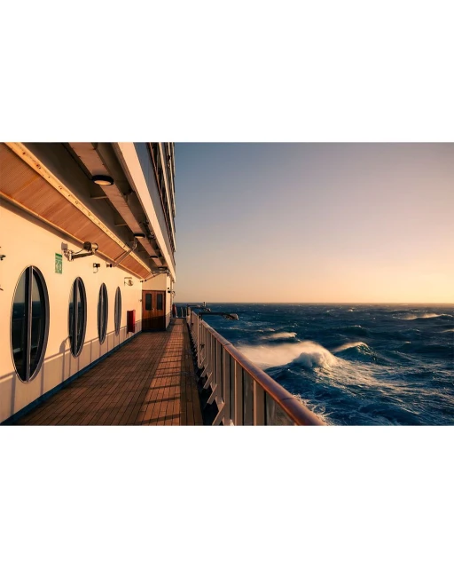 Exterior of a cruise ship sailing on the ocean, with waves and a clear horizon at sunset. Shot from the ship's deck with railings.