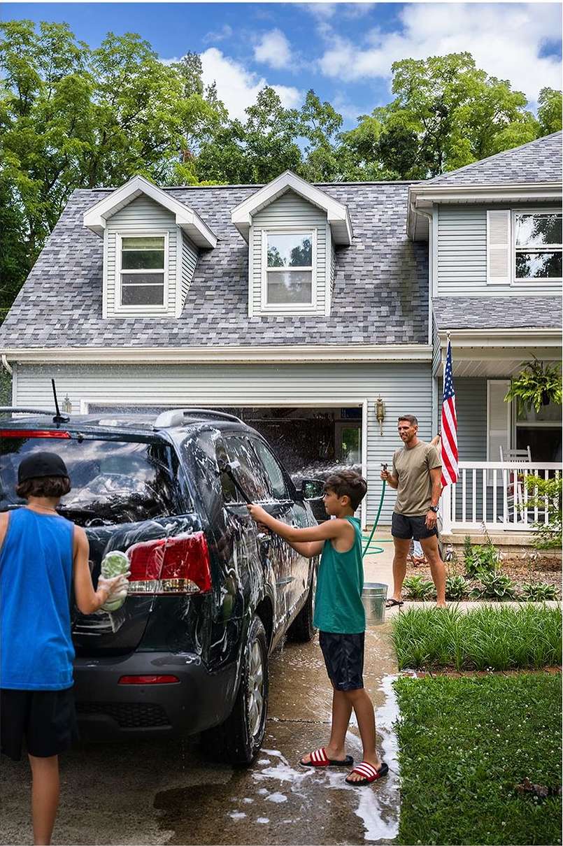 Two boys wash a black SUV in the driveway of a light gray, two-story house on a sunny day. An adult male stands nearby.