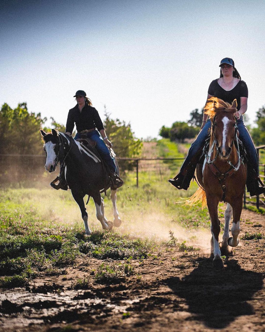 Two women riding horses at a full gallop in a grassy field with scattered trees and a clear sky on a sunny day.