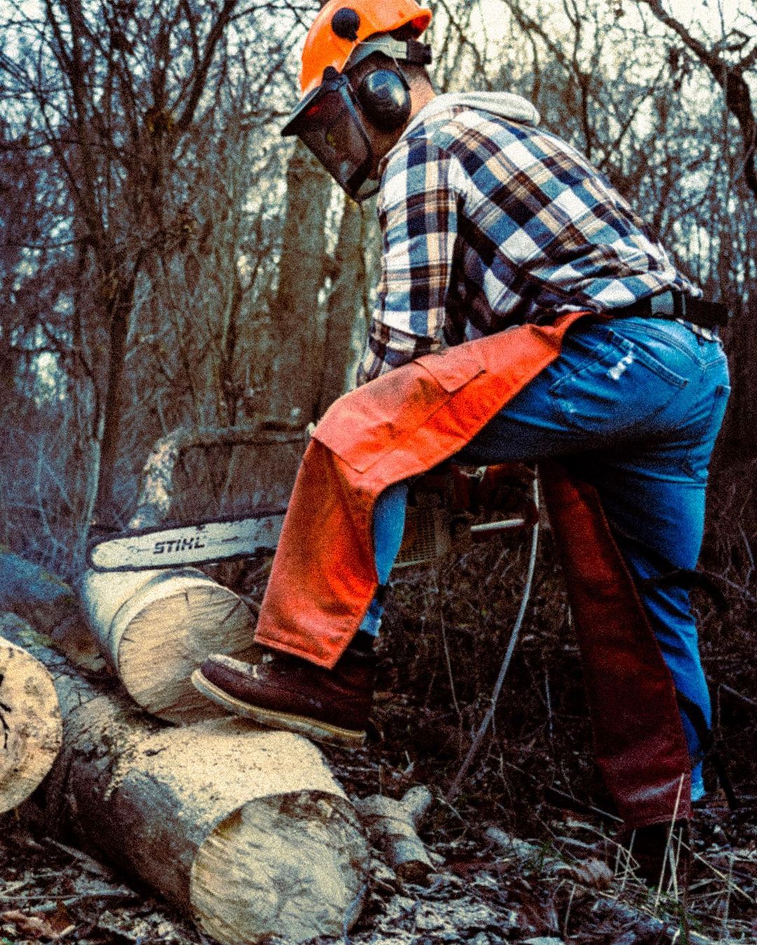Adult male cuts logs with a chainsaw in a forest. He wears safety gear, including a helmet and chaps. The chainsaw is mid-cut.