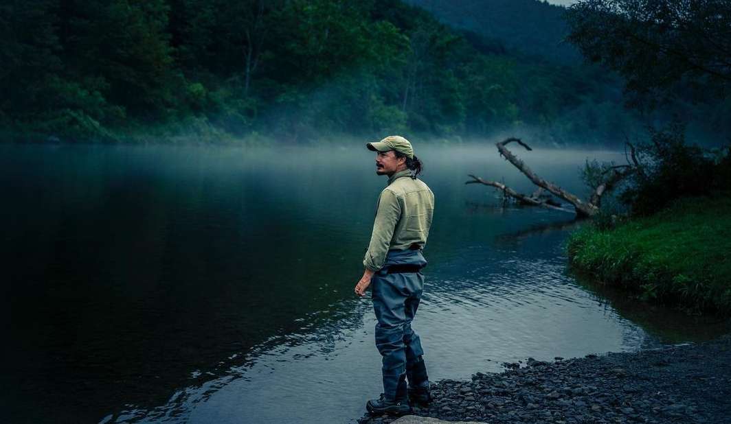 Adult male in waders stands near river's edge on a foggy morning, framed by mountains and trees in background in a natural landscape.