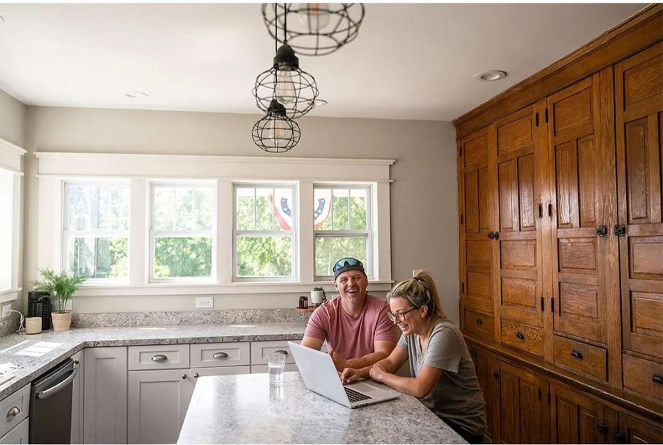 Couple laughs while using a laptop on a kitchen island in a bright, sunny home with white cabinets and wood storage and modern lighting.