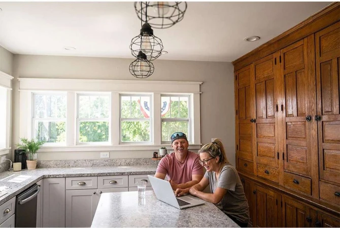 Couple laughs while using a laptop on a kitchen island in a bright, sunny home with white cabinets and wood storage and modern lighting.