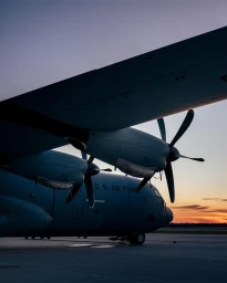 Close-up of a military transport aircraft wing and propellers at sunset with an orange and purple sky.