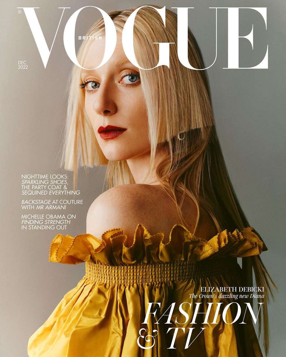 British Vogue cover featuring Elizabeth Debicki in gold dress; December 2022 issue.
