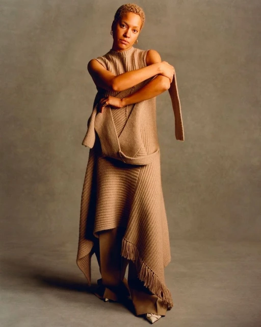 Full-length portrait of a young adult female fashion model in beige knitwear posing in a studio with neutral gray background.