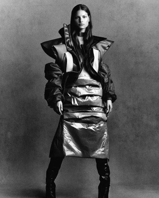 A fashion model poses in a photo studio wearing an avant-garde outfit with knee-high boots, against a gray gradient background.