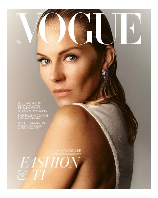 Vogue British magazine cover featuring Sienna Miller with light skin, shoulder-length blonde hair, wearing a white top and dangling earrings.