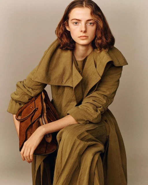 Portrait of a young fair-skinned woman in an olive green coat and dress holding a brown leather bag, in a studio setting.