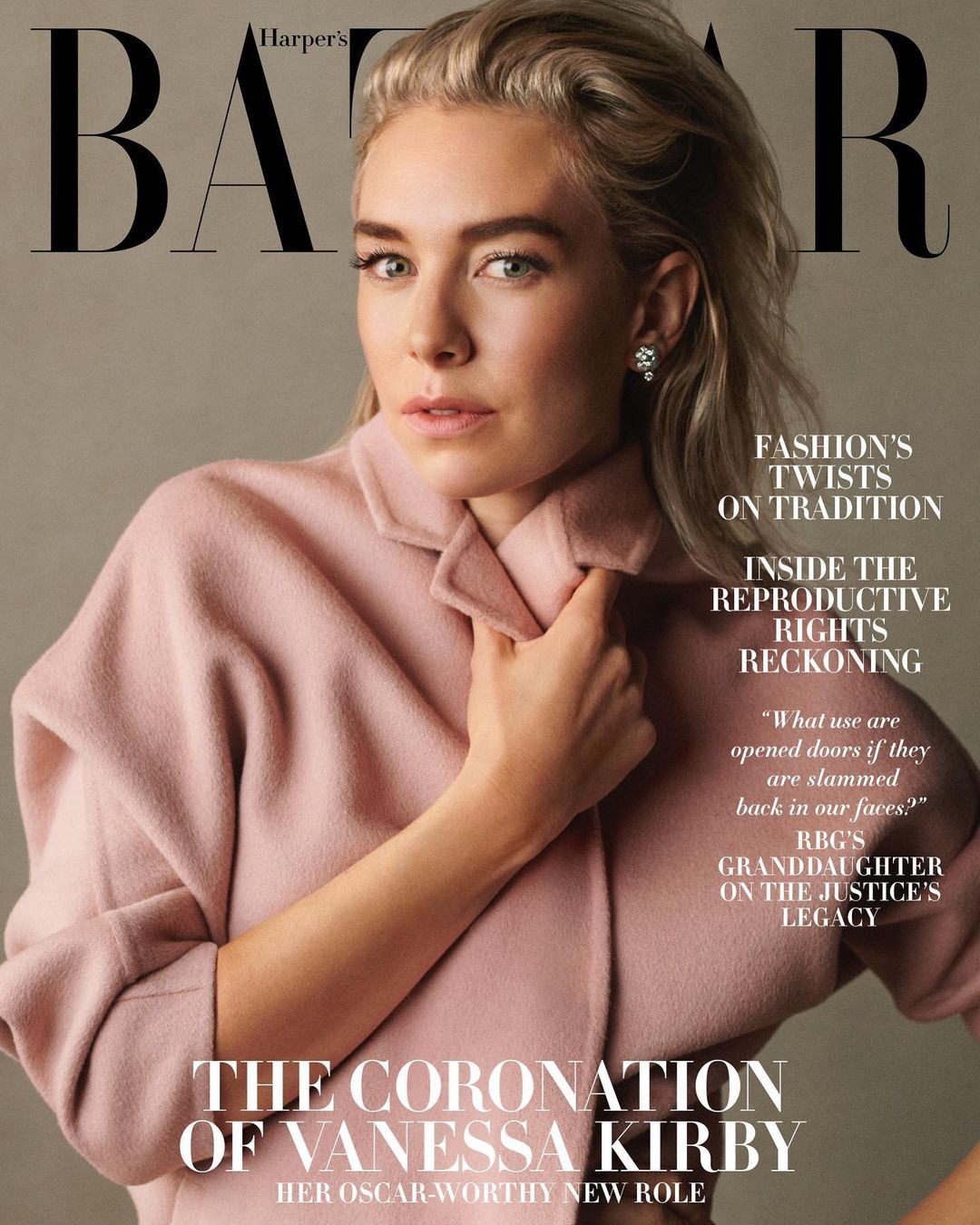 Vanessa Kirby on Harper's Bazaar cover. Close-up shot of a blonde woman in a pink coat, posing against a neutral background with magazine text.