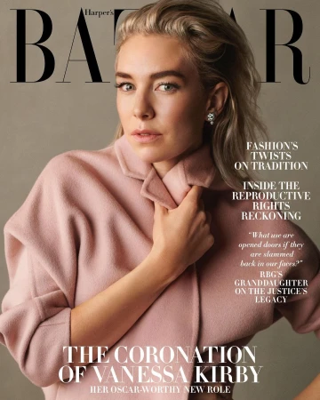 Vanessa Kirby on Harper's Bazaar cover. Close-up shot of a blonde woman in a pink coat, posing against a neutral background with magazine text.