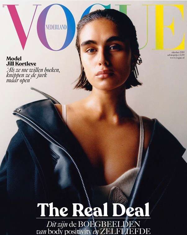 Vogue Nederland magazine cover featuring Jill Kortleve in a leather jacket and neutral top, looking directly at the viewer.