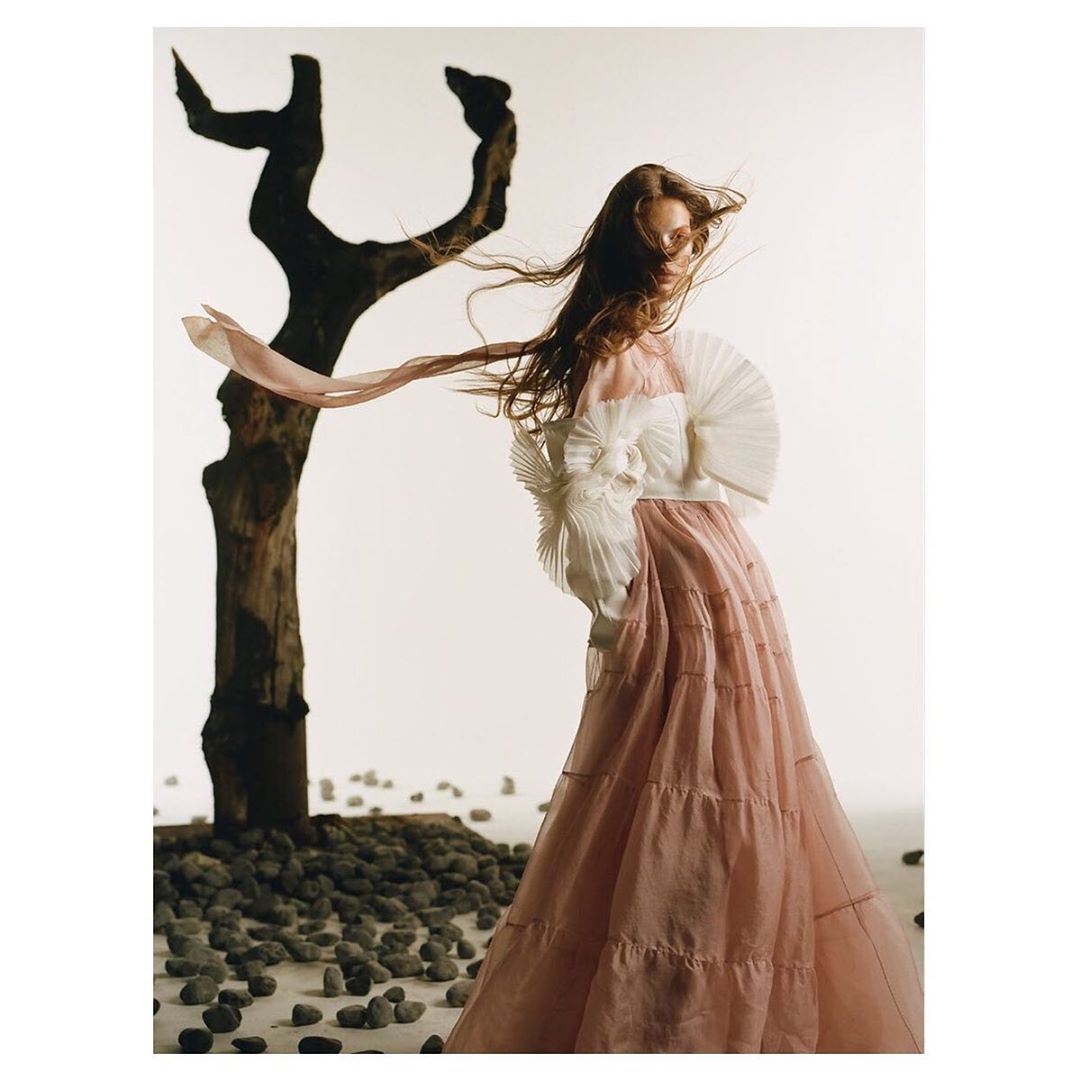 A fashion shot captures a model in a flowing pink gown next to a sculptural dead tree on a white background with scattered rocks.