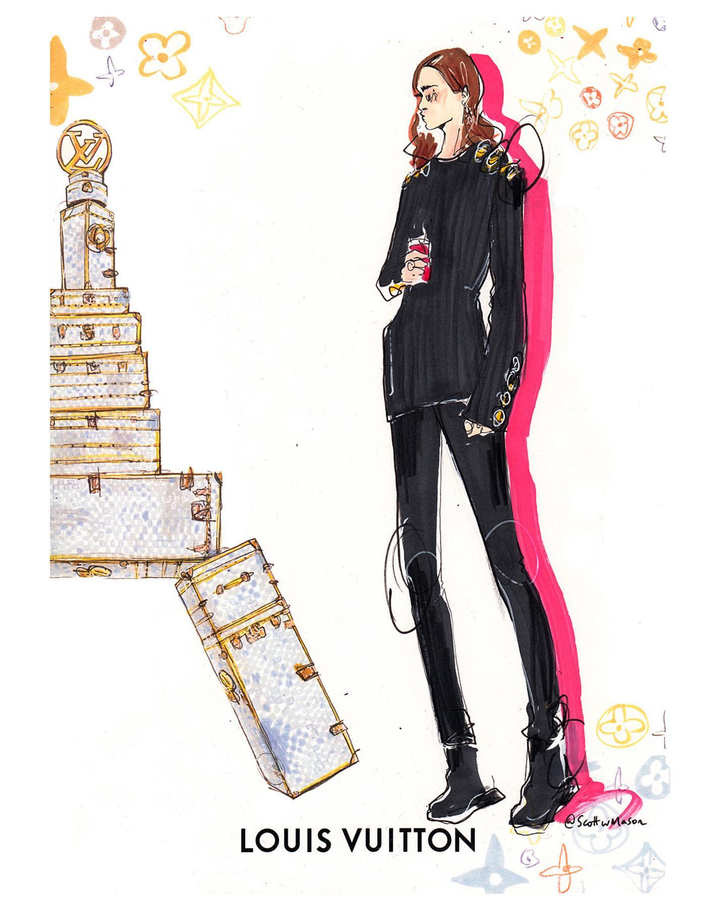 Illustration of a fashionably dressed woman standing next to a stack of Louis Vuitton luggage against a plain white backdrop.