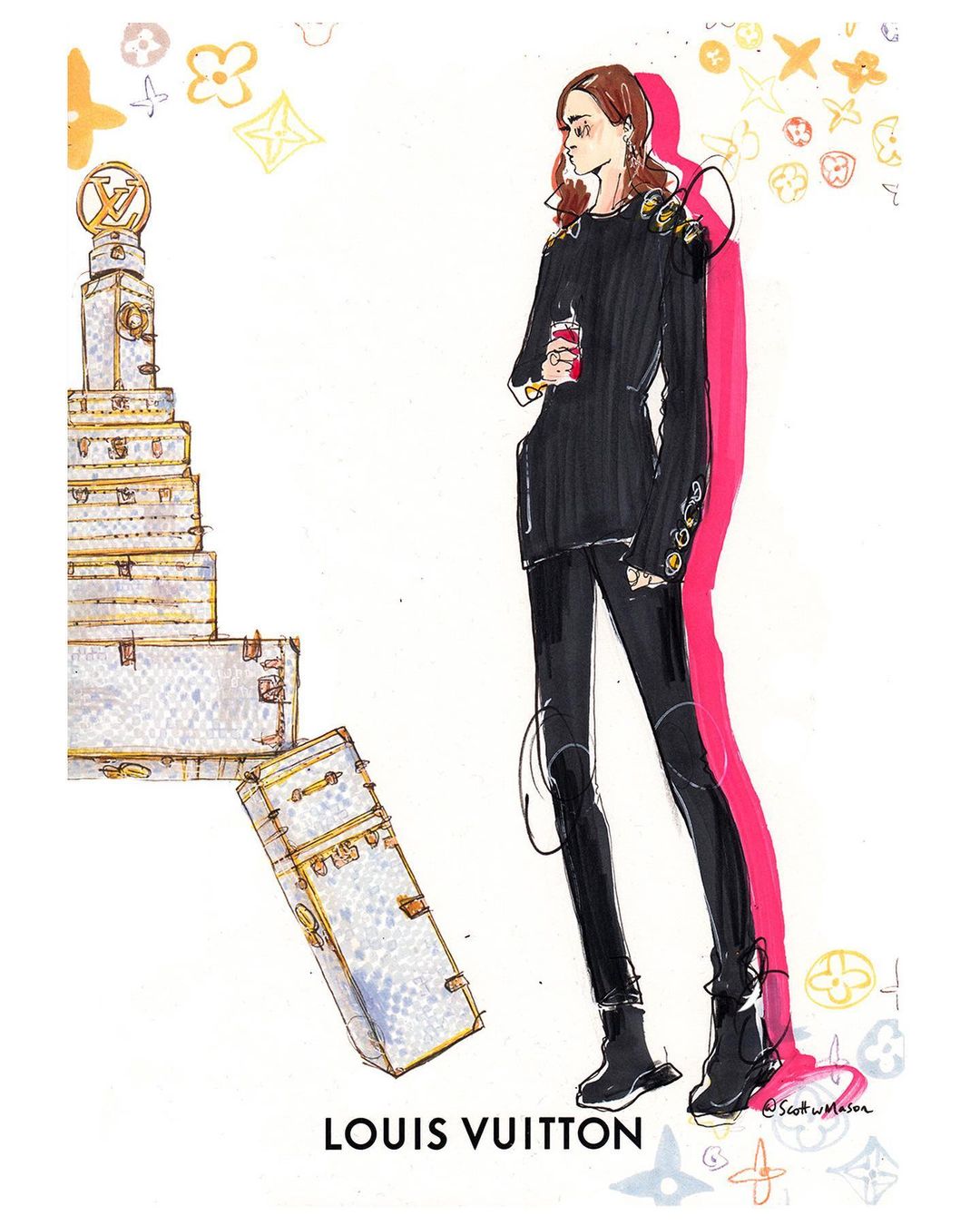 Fashion illustration of a woman in black outfit with stacked luggage, featuring a graphic art style, pink highlights, and visible branding.