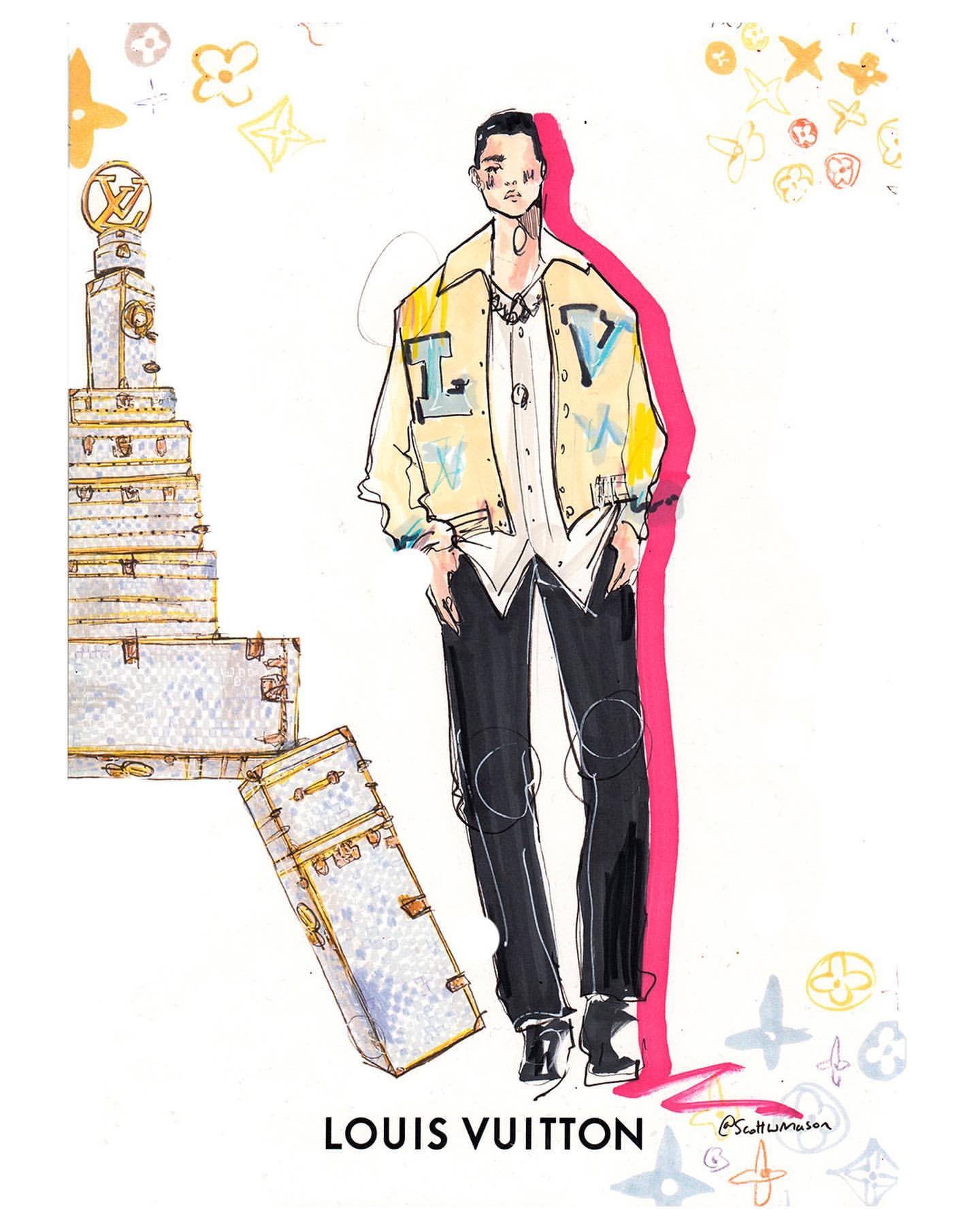 Fashion illustration of a person in a jacket and trousers standing near a stack of luggage with the Louis Vuitton logo in white.