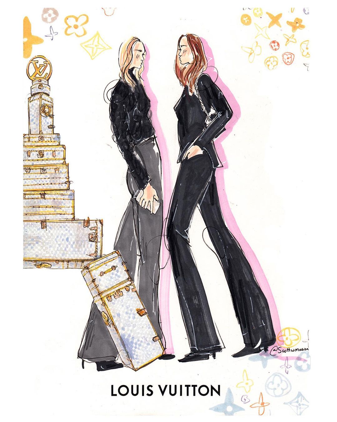 Fashion illustration of two women in black outfits standing near Louis Vuitton trunks and designer logo on white background, fashion style.