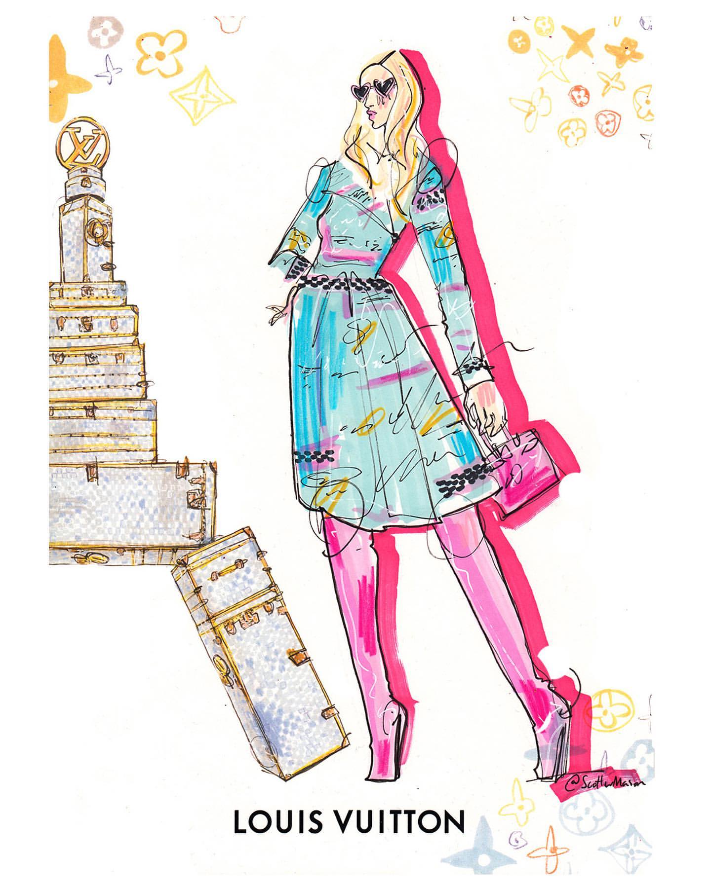 Illustration of a blonde fashion model wearing sunglasses, a patterned dress, and pink boots, standing next to stacked Louis Vuitton luggage.