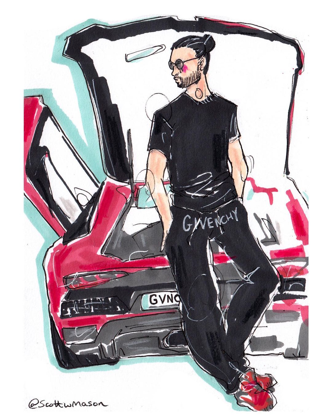 Illustration of a stylish man in black Givenchy track pants leaning against a red supercar with open doors, set against a white backdrop.