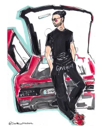 Fashion illustration by Scott W Mason of a man leaning against a red sports car wearing dark t-shirt and trousers.
