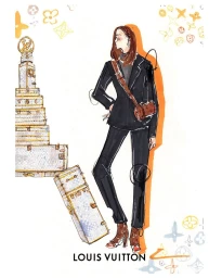 Fashion illustration by Scott W Mason featuring a woman in a black suit standing beside stacked luggage trunks and Louis Vuitton branding