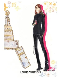 Fashion illustration of a woman in black clothing next to a stack of monogram trunks by Scott W Mason