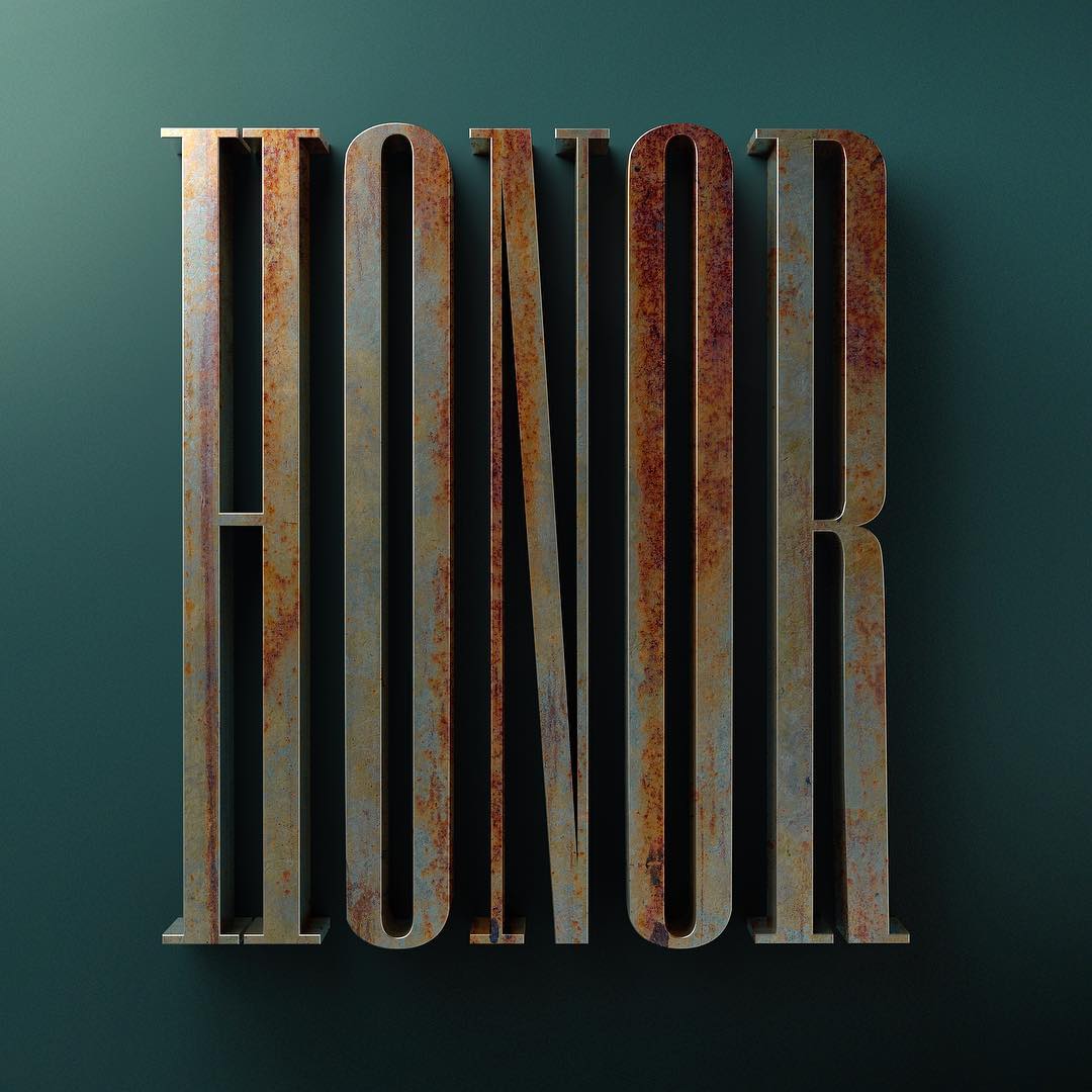 Metal letters spelling out 'HONOR' in a stylized, slightly rusted font, set against a deep teal background for a textured, industrial look.