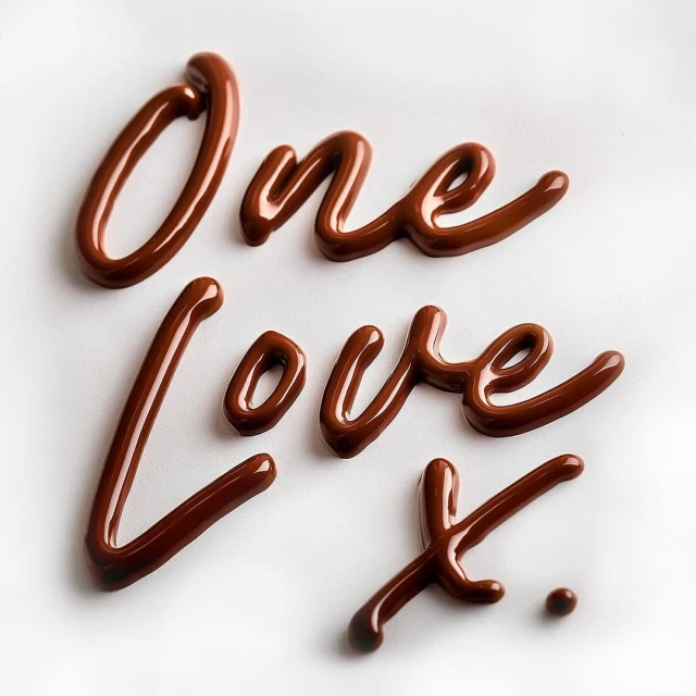 The words 'One Love' are written out in chocolate on a white background, creating a sweet and affectionate message in a minimalist style.