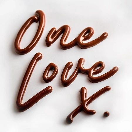 The words 'One Love' are written out in chocolate on a white background, creating a sweet and affectionate message in a minimalist style.