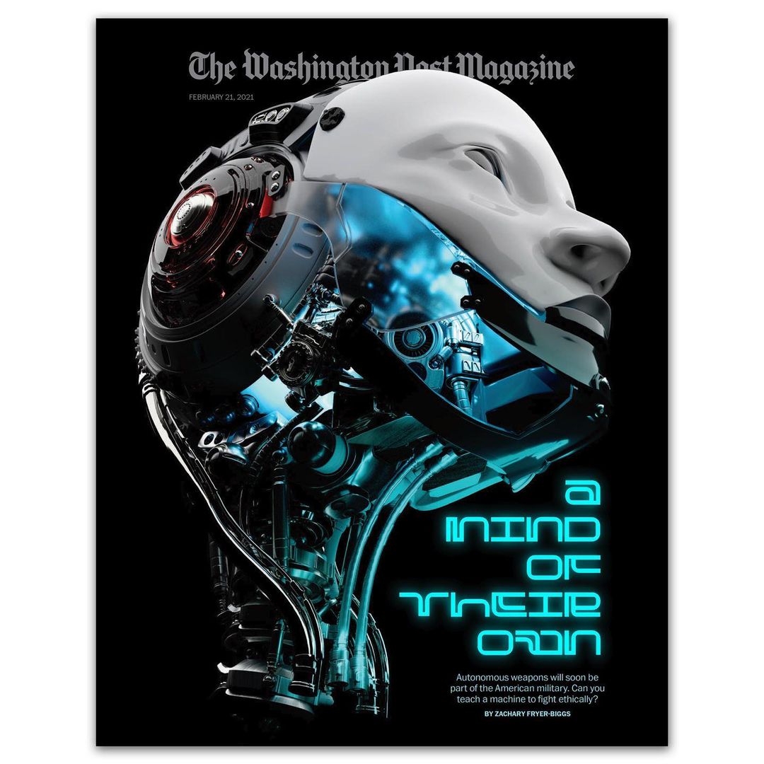 Magazine cover featuring a partially mechanical robot head with a white face, against a black background with blue neon lettering.
