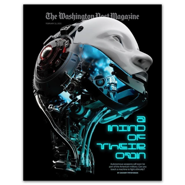Magazine cover featuring a partially mechanical robot head with a white face, against a black background with blue neon lettering.