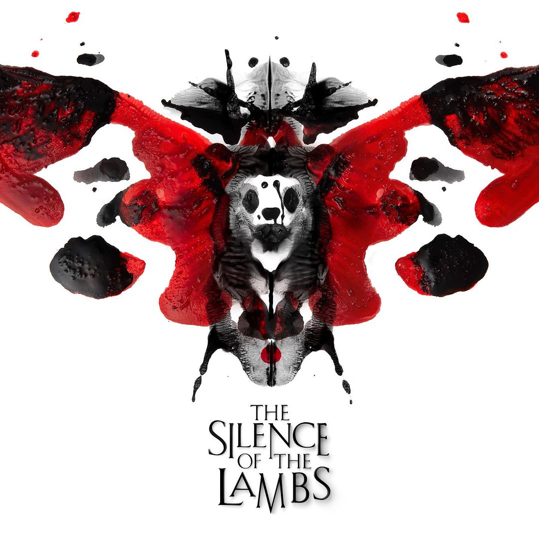 Abstract ink blot art resembling a skull and butterfly, with blood-red accents and the text 'The Silence of the Lambs' below.