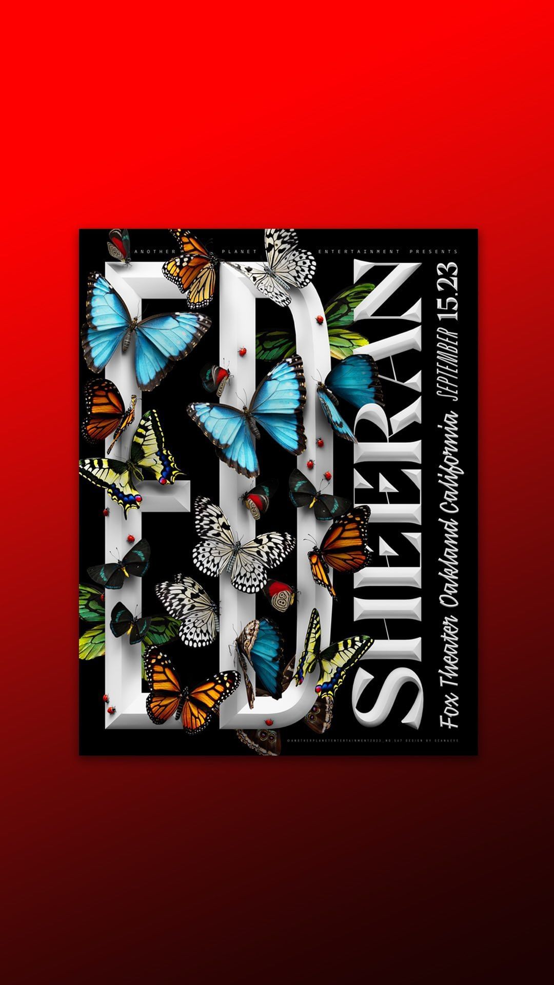 Poster art with butterflies on letters spelling out 'Sieradz,' promoting a Fox Theater Oakland California event on September 15, 2023.