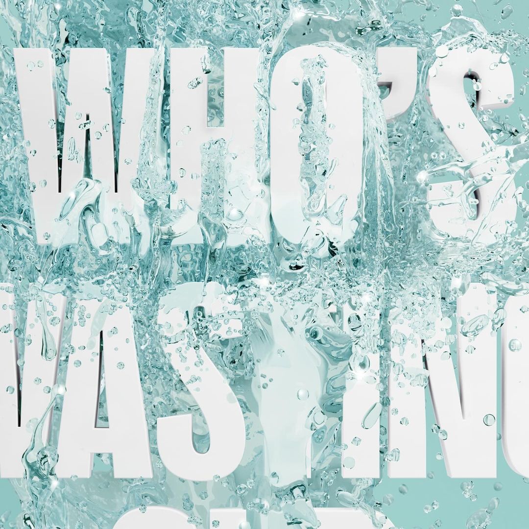 Abstract CGI design of large white 3D letters surrounded by splash water on a pale blue backdrop.