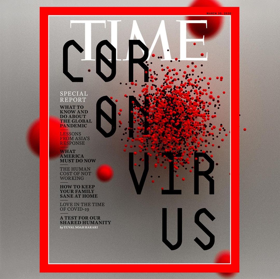 Time magazine cover with Coronavirus title in bold black letters and red viral particle illustrations, surrounded by a red border.